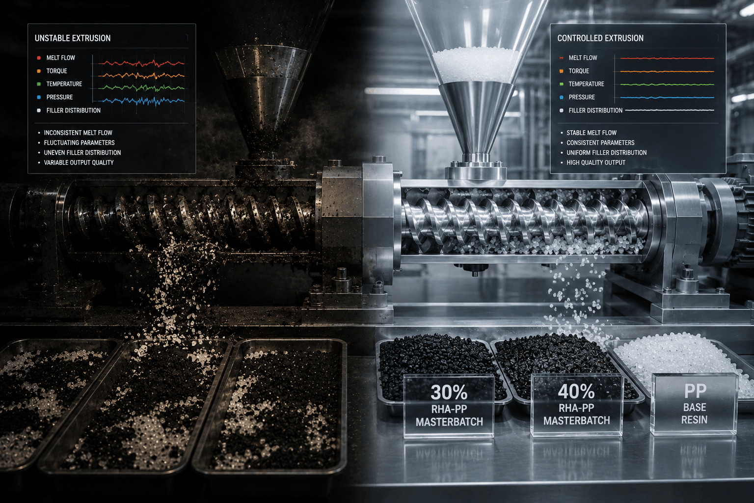 Twin-screw extrusion 30% and 40% filled masterbatches